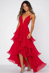 Rotes Gestuftes Ballkleid aus Chiffon mit Spaghettiträgern und Rüschen